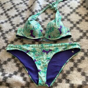 Adore Me Bikini Set 38B Top XL Bottom Palm Leaf‎ Print Purple Green Underwire
